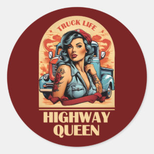 Highway-Königin Vintage-Illustration - Trucker-Mäd Runder Aufkleber