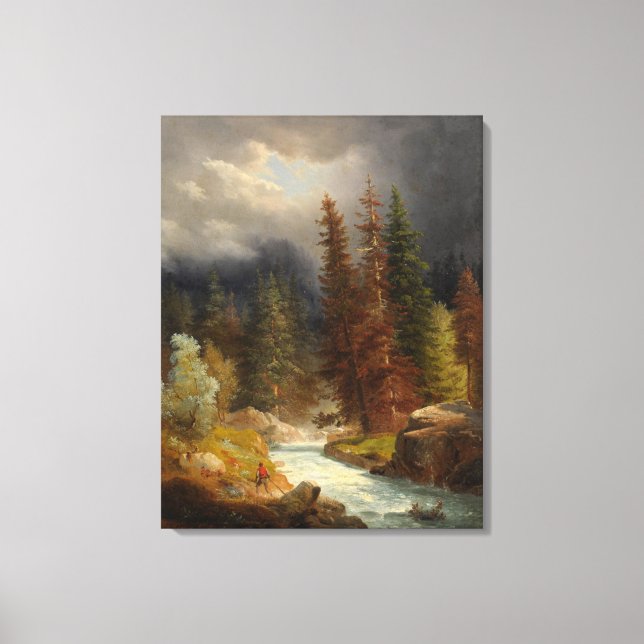 Hiker neben einem Torrential River (durch Achenbac Leinwanddruck (Vorderseite)