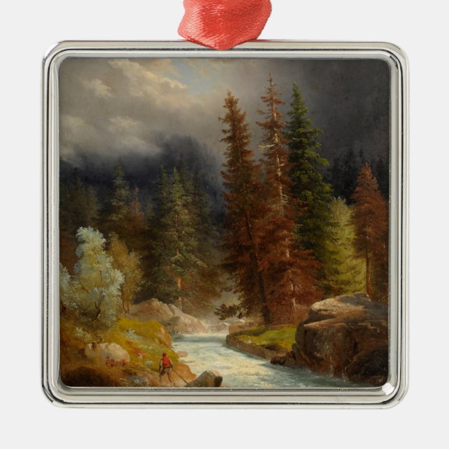 Hiker neben einem Torrential River Ornament Aus Metall (Vorne)