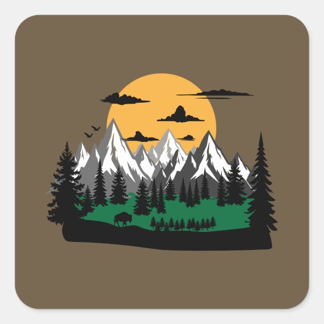 hiking and camping in mountains graphic quadratischer aufkleber (Vorderseite)