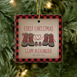 Hiking Boots Baby's First Christmas Plaid Keramikornament