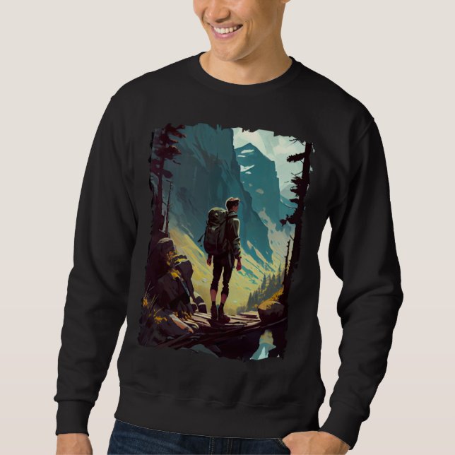 Hiking Woman mountains sunset hiker retro 70s vint Sweatshirt (Vorderseite)