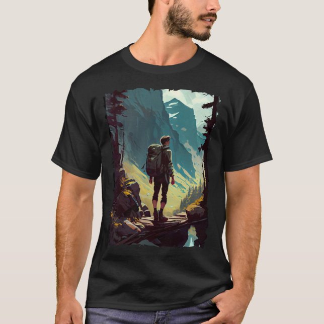 Hiking Woman mountains sunset hiker retro 70s vint T-Shirt (Vorderseite)