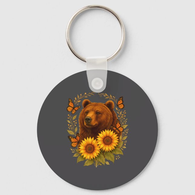 Hilarious Bear Butterfly Nature Rustic Sunflower M Schlüsselanhänger (Vorderseite)