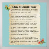 Hilarious "Nurse Retirement Rules" Poster 12x12"