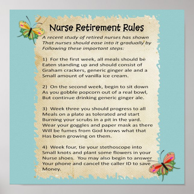 Hilarious "Nurse Retirement Rules" Poster 12x12" (Vorne)