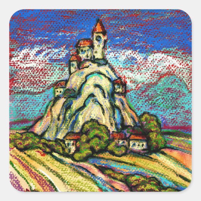 Hill Castle Fantasy Quadratischer Aufkleber (Vorderseite)