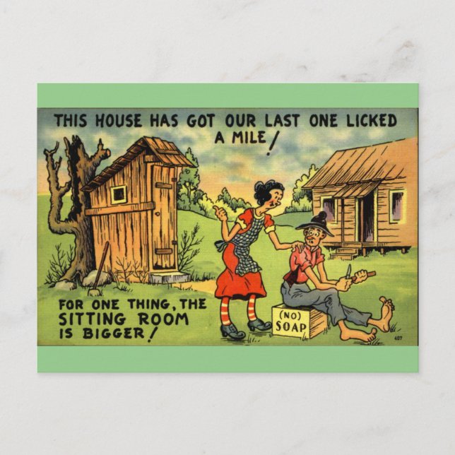 Hillbilly Outhouse Funny Vintages Comic Kunst Postkarte (Vorderseite)