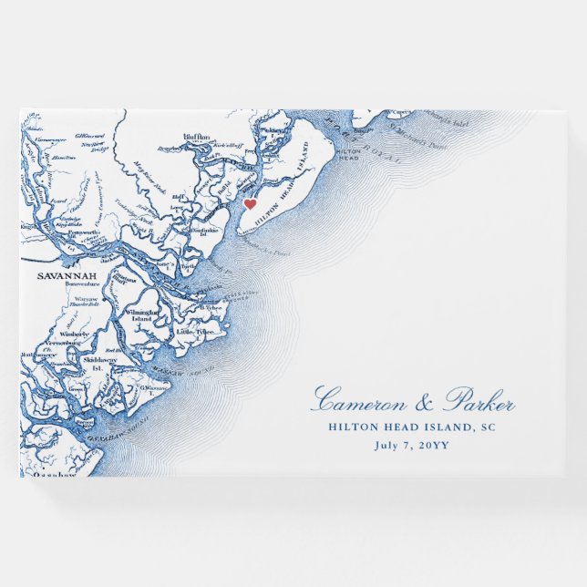 Hilton Head Island Map Elegant Navy Blue Wedding Gästebuch (Vorderseite)