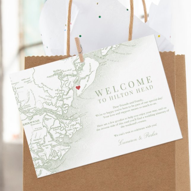 Hilton Head Sage Green Wedding Willkommenstour Dankeskarte (Hilton Head Map Wedding Welcome Letter and Weekend Events Schedule in Sage Green Coastal Map Designs)
