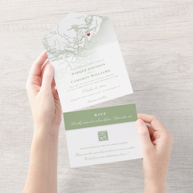 Hilton Head SC Karte Elegant Sage Green Wedding (Abreißen)