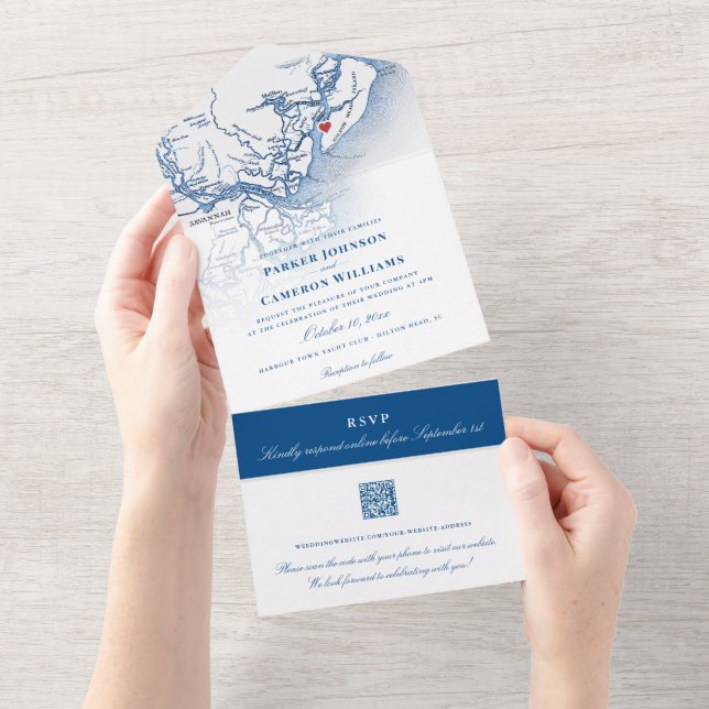 Hilton Head SC Map Elegant Navy Wedding All In One Einladung (Abreißen)