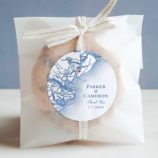 Hilton Head SC Map Navy Blue Elegant Wedding Favor Runder Aufkleber (Hilton Head Wedding Elegant navy blue Wedding Favor Thank You Sticker Label from Coastal Map Designs)