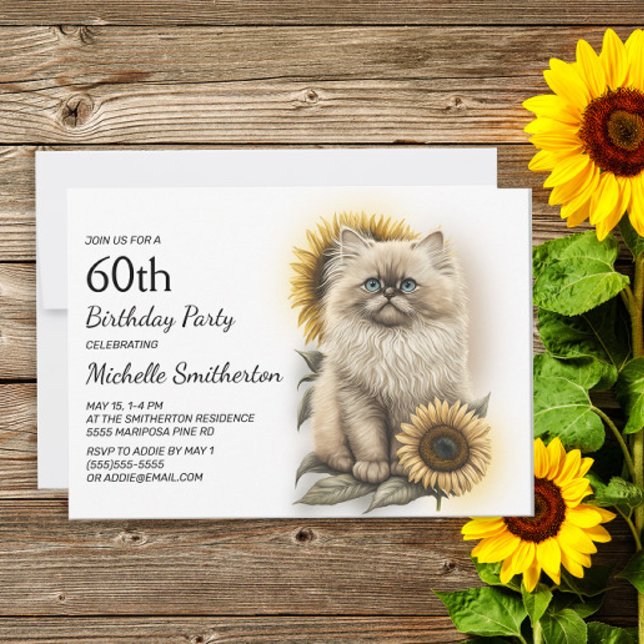 Himalayan Kitten Cat Sonnenblumen 60. Geburtstag Einladung (Von Creator hochgeladen)