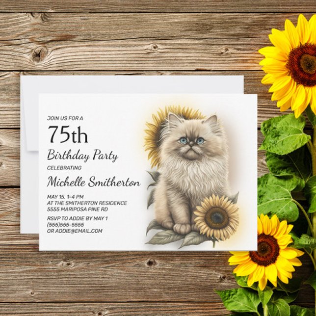 Himalayan Kitten Cat Sonnenblumen 75. Geburtstag Einladung (Von Creator hochgeladen)