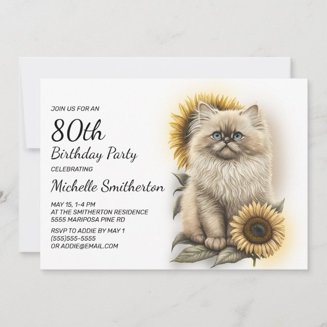 Himalayan Kitten Cat Sonnenblumen 80. Geburtstag Einladung (Vorderseite)