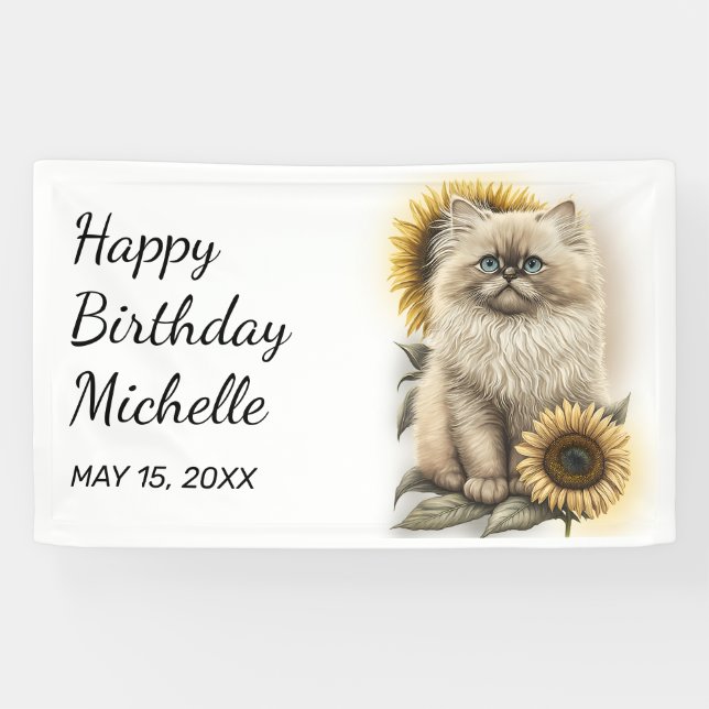 Himalayan Kitten Cat Sunflowers Happy Birthday Banner (Horizontal)