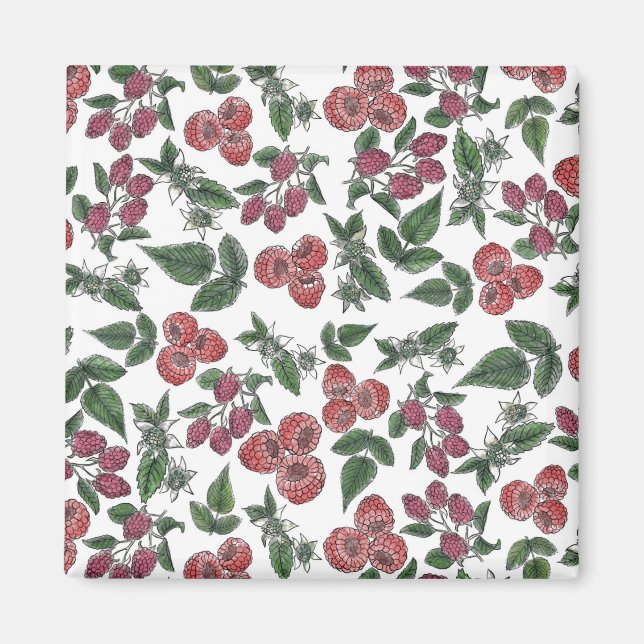 Himbeer-Frucht-Blätter-Illustrationsmuster Magnet (Vorne)
