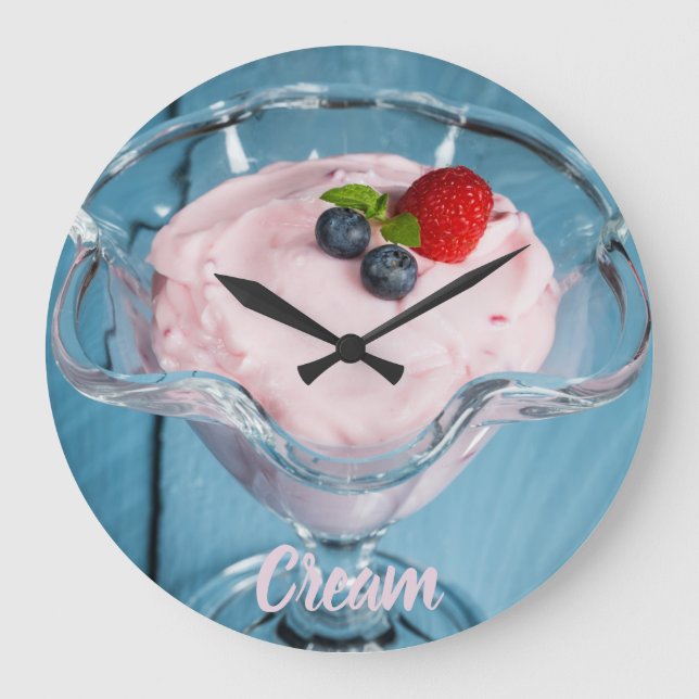 Himbeercreme Nachtisch mit Minze und Fruchtsaft Große Wanduhr (Vorderseite)