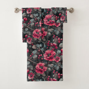 Himbeere, bordeauxfarbene Blume auf dunkelgrau Badhandtuch Set