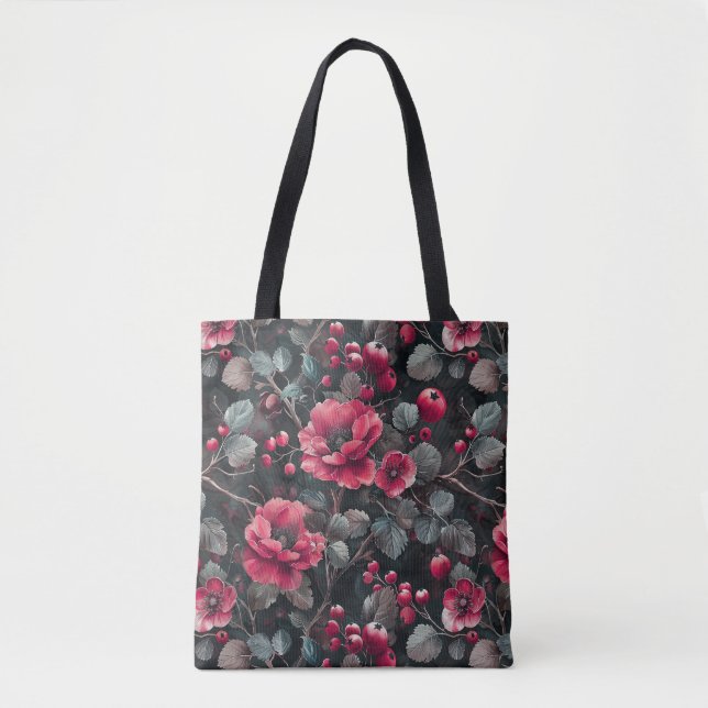 Himbeere, bordeauxfarbene Blume auf dunkelgrau Tasche (Vorderseite)