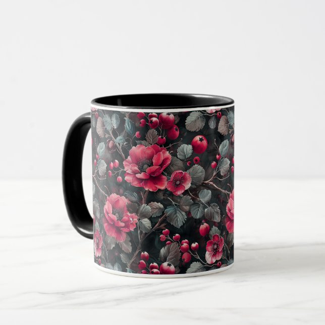 Himbeere, bordeauxfarbene Blume auf dunkelgrau Tasse (Vorderseite Links)