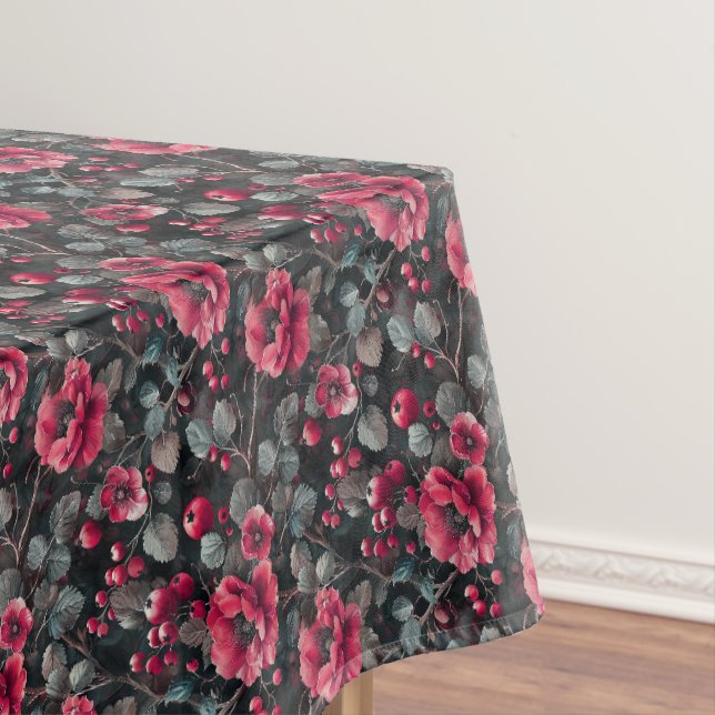 Himbeere, burgunderrote Blumen auf dunkelgrau Tischdecke (Beispiel)