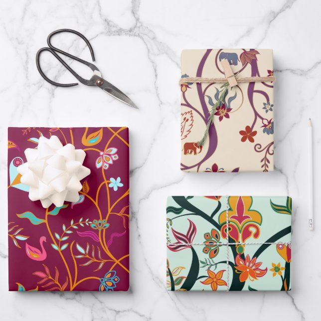 Himbeere, Minze und Creme-Boho-Muster Geschenkpapier Set (Vorderseite)
