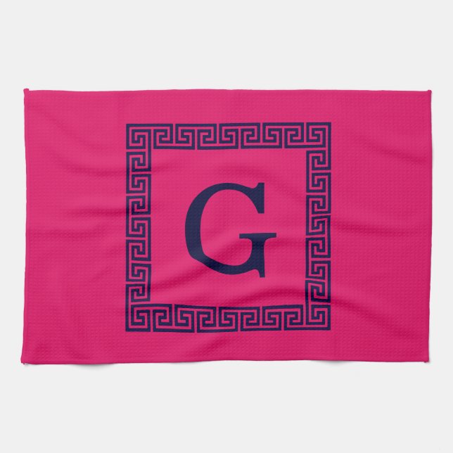 Himbeere, Navy Blue Griechischer Schlüssel #1 Gera Geschirrtuch (Horizontal)