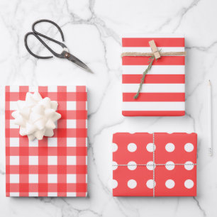 Himbeere Red White Gingham Dots Stripte Matching Geschenkpapier Set