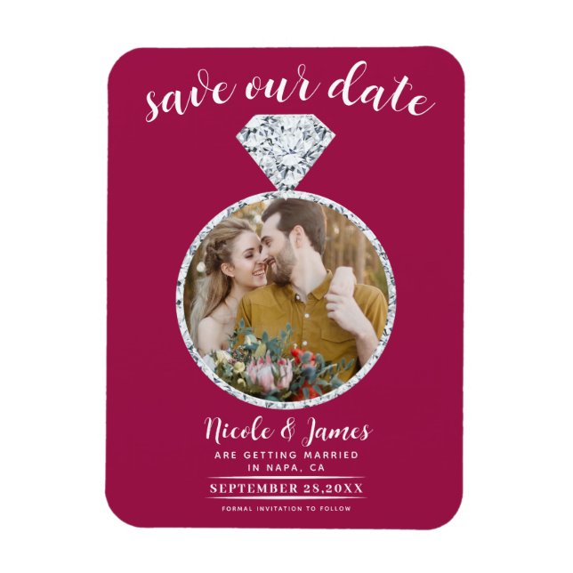 Himbeere Rosa Diamantring Save the Date blenden Magnet (Vertikal)