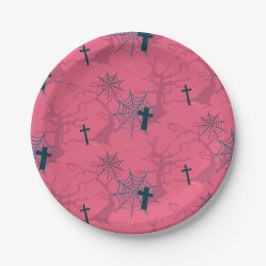 Himbeere Rosa Spinnennetz, graue Bäume und Grab Pappteller