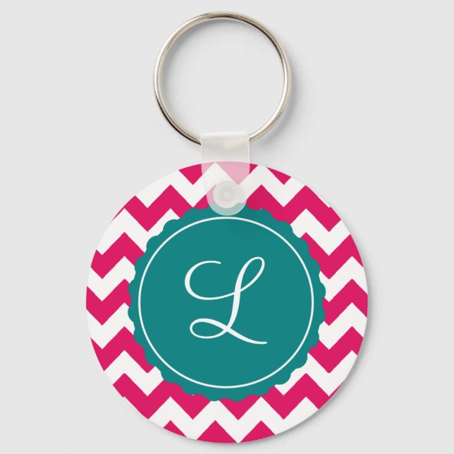 Himbeere und Aquamarine Zig Zag Custom Initial Schlüsselanhänger (Vorderseite)