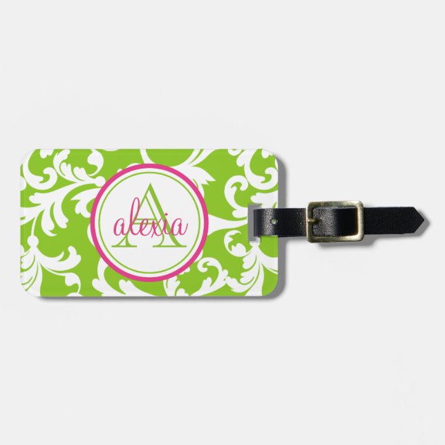 Himbeere und Limone Mit Monogramm Damaskusdrucke Gepäckanhänger (Vorderseite horizontal)