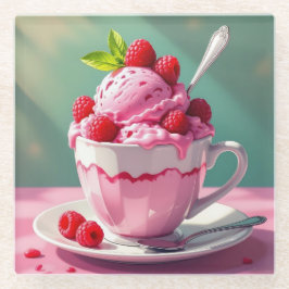 Himbeereis in einem rosa Kaffeebecher Glasuntersetzer
