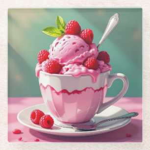 Himbeereis in einem rosa Kaffeebecher Glasuntersetzer