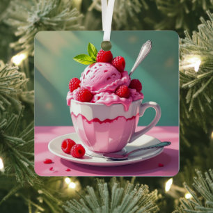 Himbeereis in einem rosa Kaffeebecher Ornament Aus Metall