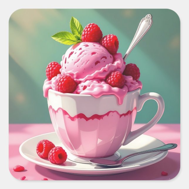 Himbeereis in einem rosa Kaffeebecher Quadratischer Aufkleber (Vorderseite)