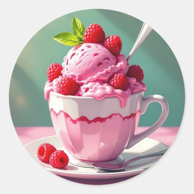 Himbeereis in einem rosa Kaffeebecher Runder Aufkleber (Vorderseite)