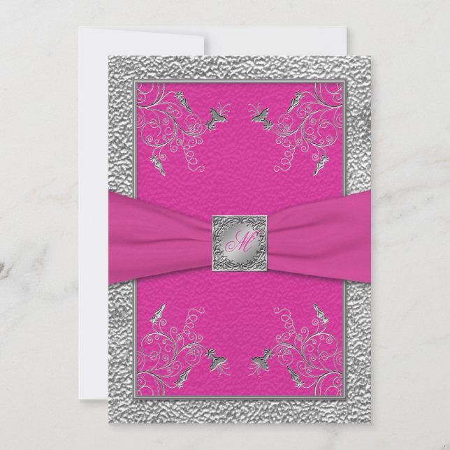 Himbeerrosa und Zinn-mit Monogramm Einladung (Vorderseite)