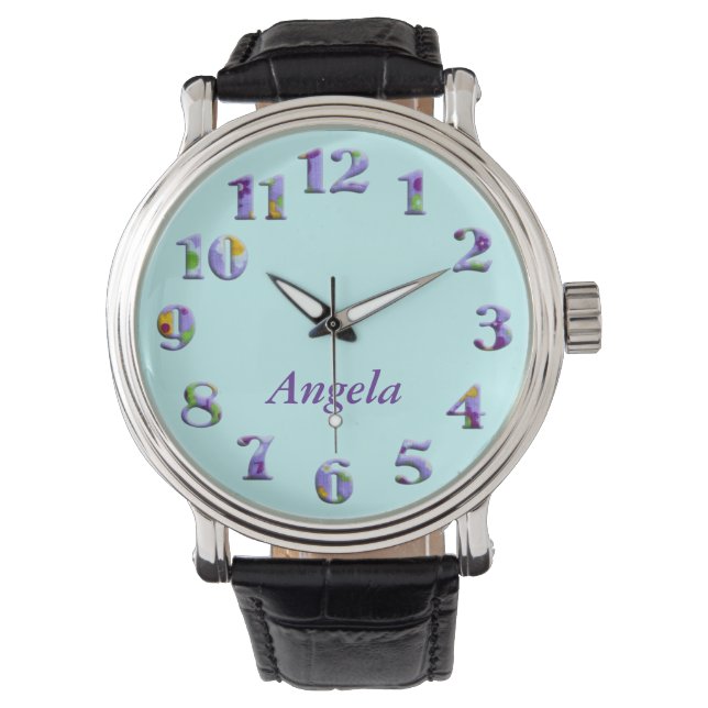 Himblaue Blumentextilien große Zahlen mit Namen Armbanduhr (Vorderseite)