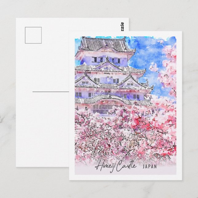 Himeiji Castle Japan Reisplatz Wasserfarbe Postkarte (Vorne/Hinten)