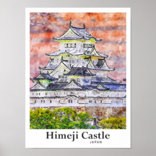 Himeji Castle Japan Reisen Wasserfarben Hand gezog Poster