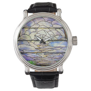 Himmel bewölkt Tiffany-Buntglas-Blumenuhr Armbanduhr