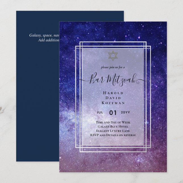 Himmel über BAR MITZVAH Galaxy Blue Gold Elegante Einladung (Vorne/Hinten)