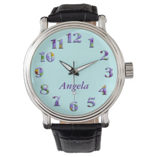 Himmelblau-Blumentextilgroße Zahlen mit Namen Armbanduhr