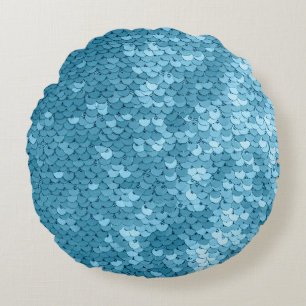 Himmelblau glänzende Stoffe mit Sequenzen, abstrak Rundes Kissen