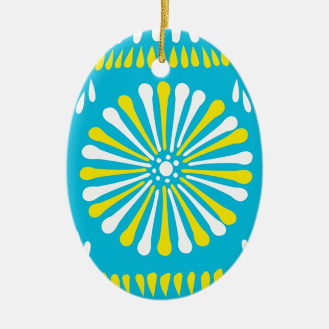 Himmelblau mit gelb-weiß Frühlingssonne Blume Keramikornament (Vorne)