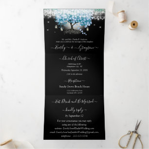 Himmelblau Pastell Herz Blatt Baum Hochzeit Dreifach Gefaltete Einladung