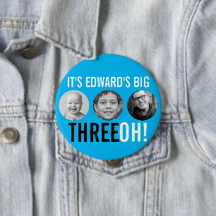 Himmelblau schwarz 30th Three OH! drei Foto Geburt Button